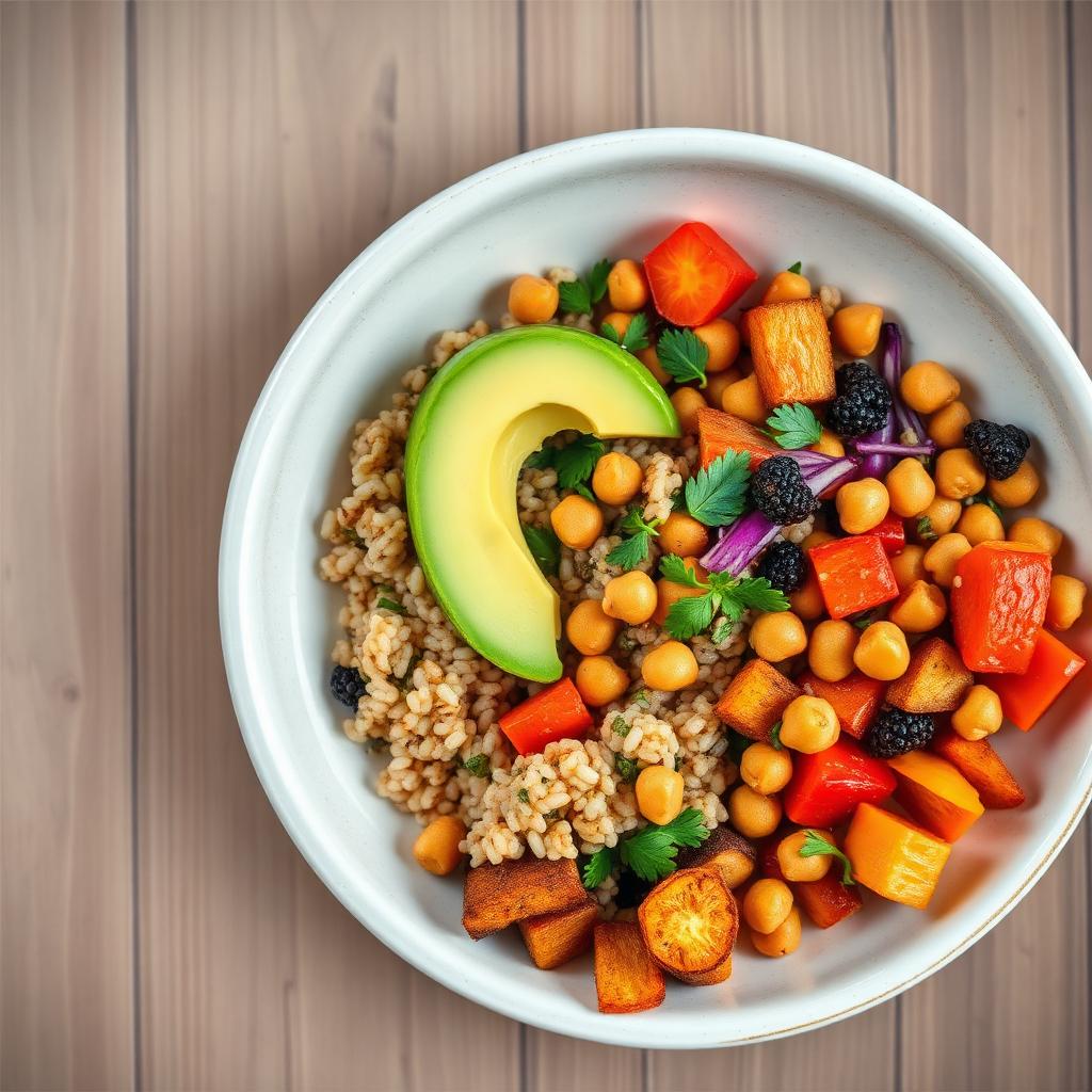 Colorful plant-based bowl with quinoa, chickpeas and roasted vegetables — vegan recipe converted with VeggieOS